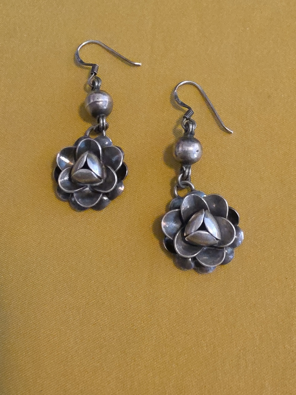 Vintage Sterling Silver Flowerbud Drop Hook Earrings - Three-Dimensional Design
